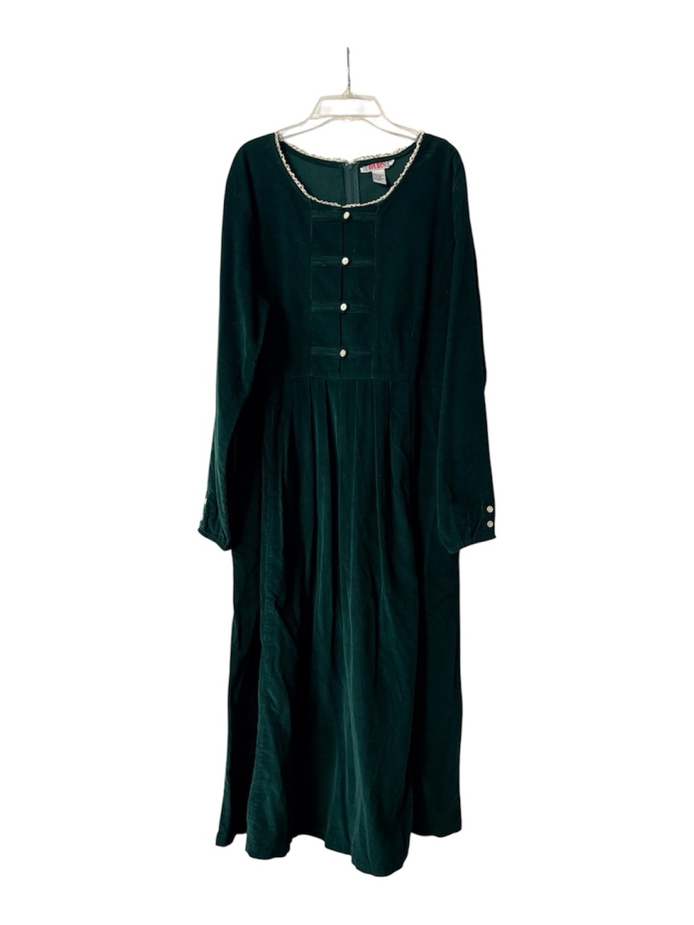 Vintage 90’s Emerald Green Corduroy Midi Long Sleeve Dress Pearl Buttons Size 16 - Picture 2 of 13